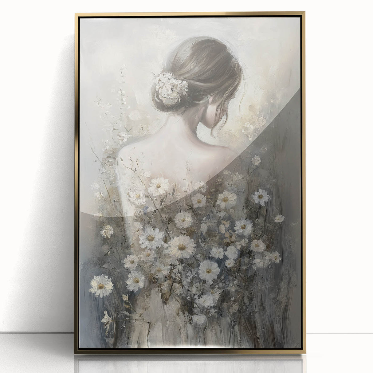 Framed abstract figurative art piece with a gold acrylic finish, showcasing dynamic shapes and vibrant colors, perfect for modern home decor and artistic expression.