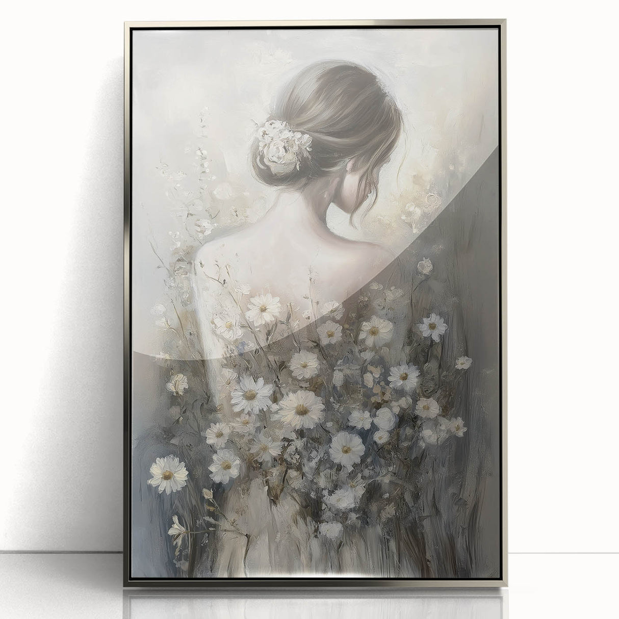 Abstract figurative art print in a silver frame, showcasing vibrant colors and dynamic shapes against a sleek background, perfect for modern decor.