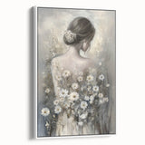 Framed abstract figurative canvas artwork in a white frame, showcasing vibrant colors and dynamic shapes, ideal for modern home decor, side view.