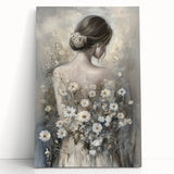 Abstract figurative stretched canvas artwork with vibrant colors and dynamic shapes, leaning against a neutral wall, perfect for modern home decor.