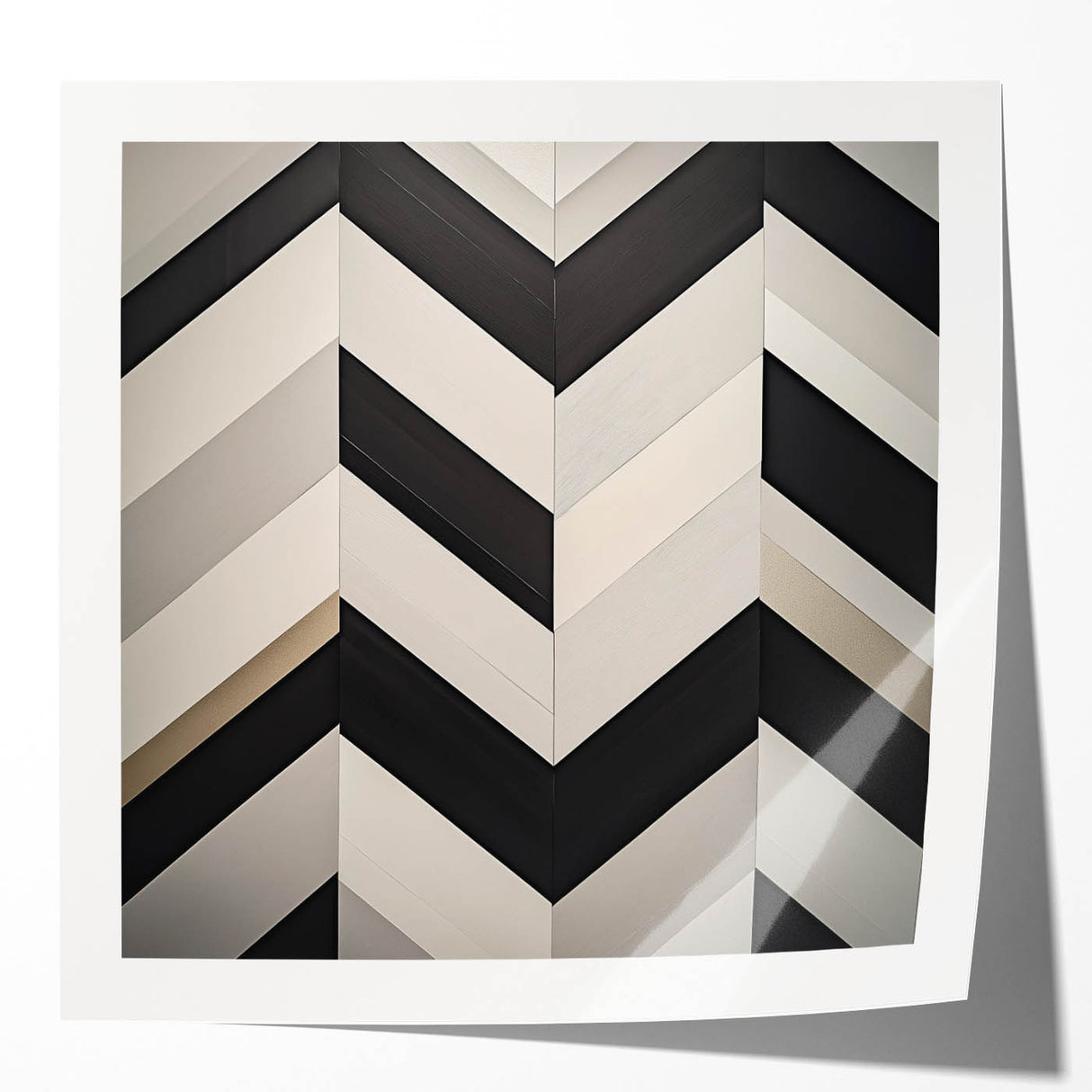Abstract geometric artwork showcasing a vibrant interplay of bold colors and shapes, displayed in a glossy photo print mockup, perfect for modern decor.