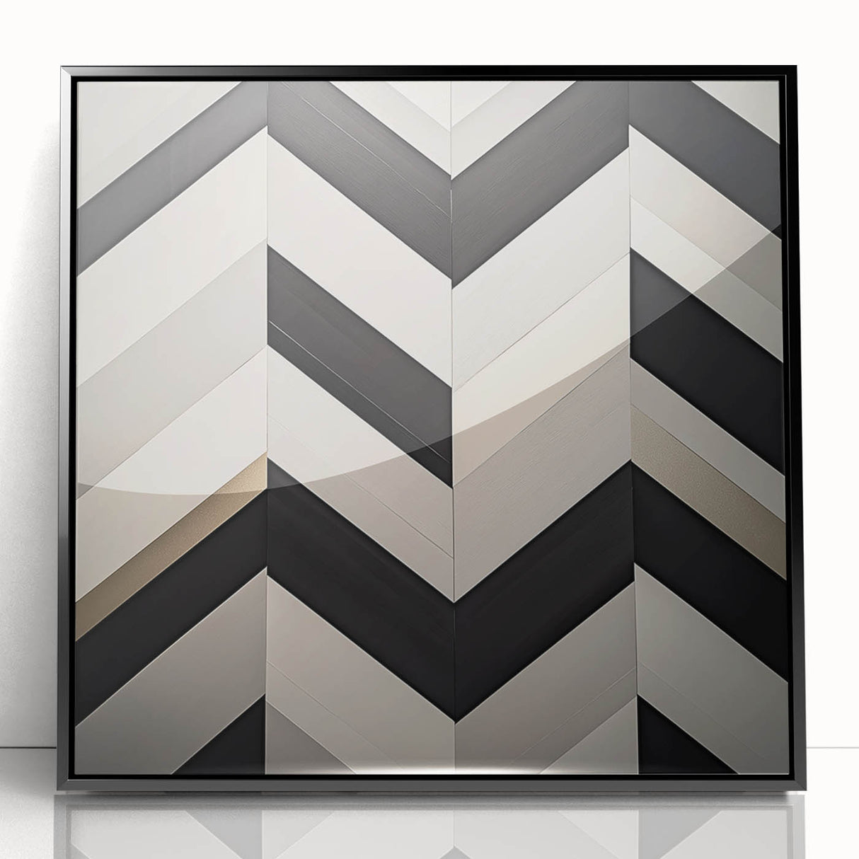 Abstract geometric framed acrylic artwork in black, showcasing sharp lines and dynamic shapes, ideal for modern decor. Perfect for enhancing contemporary interiors with a bold statement.