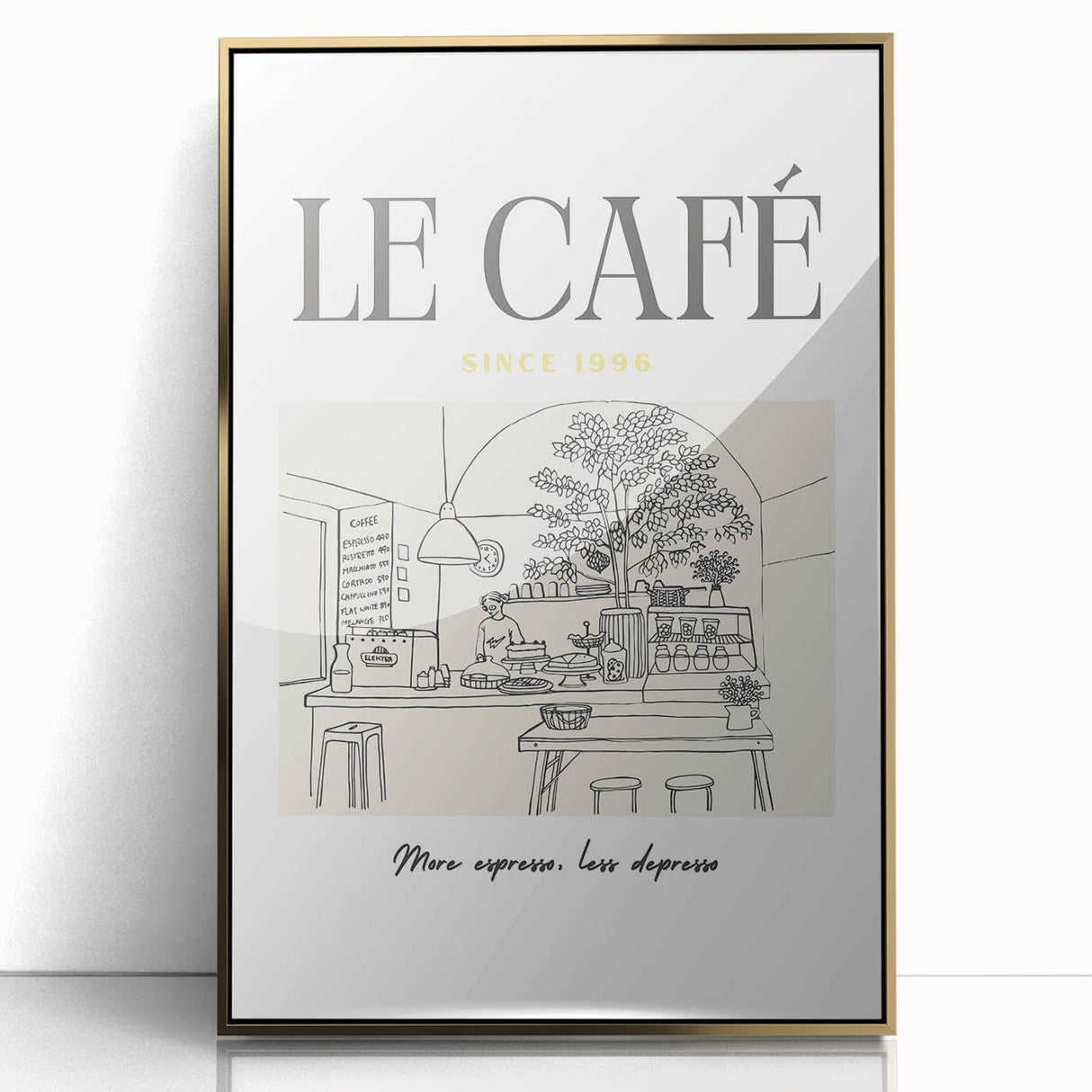 Large art print of a mid-century modernist food and drinks motif in a gold frame, suited for modern kitchen decor.