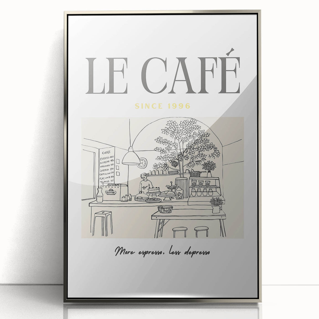 Mid-century modernist art depicting colorful fruits on a silver-framed acrylic, ideal for modern kitchen decor.