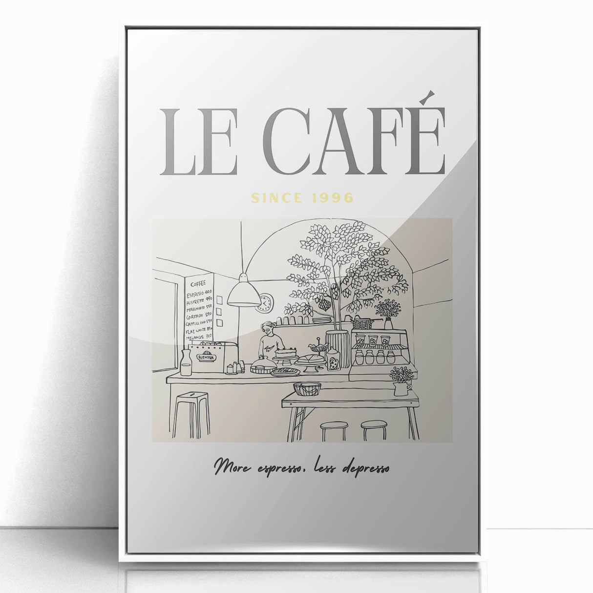Art deco poster featuring a stylized cocktail glass in black and gold on a white acrylic framed print.
