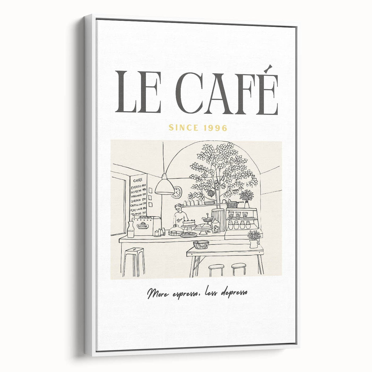Extra large vintage poster art of food and drinks on white framed canvas.