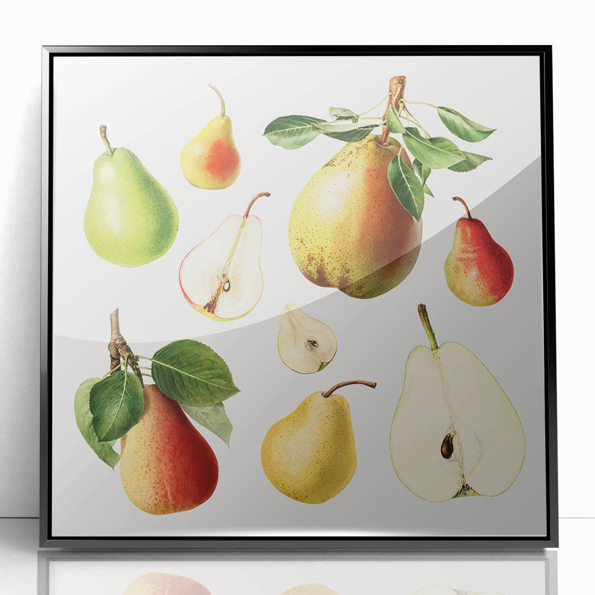 Large abstract wall art featuring assorted fruits in bold colors on a black acrylic framed print.