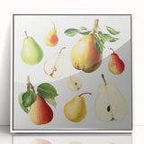 Acrylic print of assorted fruits in art deco style, framed in white, suitable for modern kitchen decor.