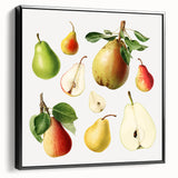 Black and white wall art featuring an assortment of fruits in a vintage poster style on framed canvas.