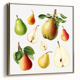 Framed canvas featuring a vintage poster of assorted fruits in silver and gold tones, ideal for bedroom wall decor.