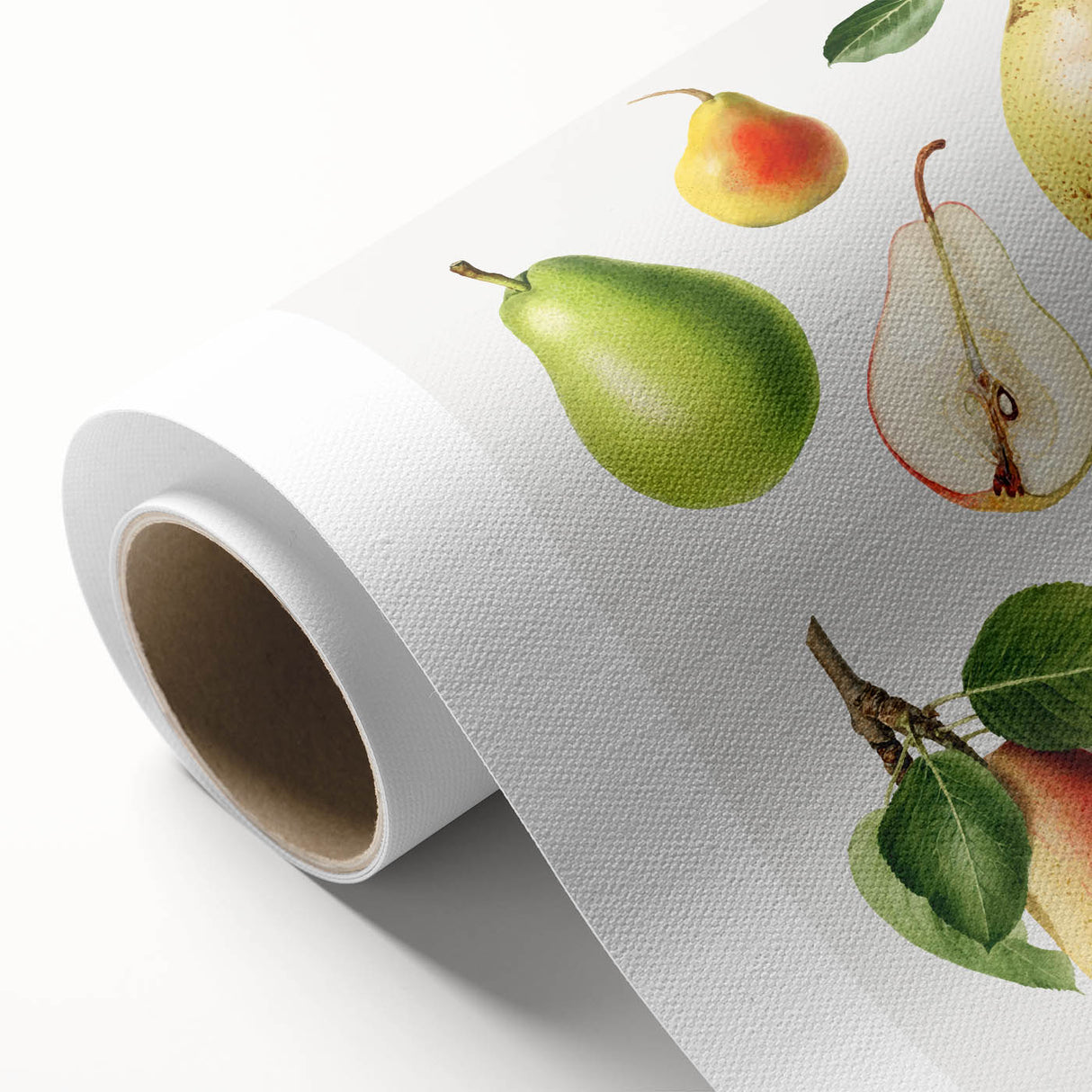 Art Deco style poster featuring an array of colorful fruits on a rolled canvas, ideal for nursery wall art.