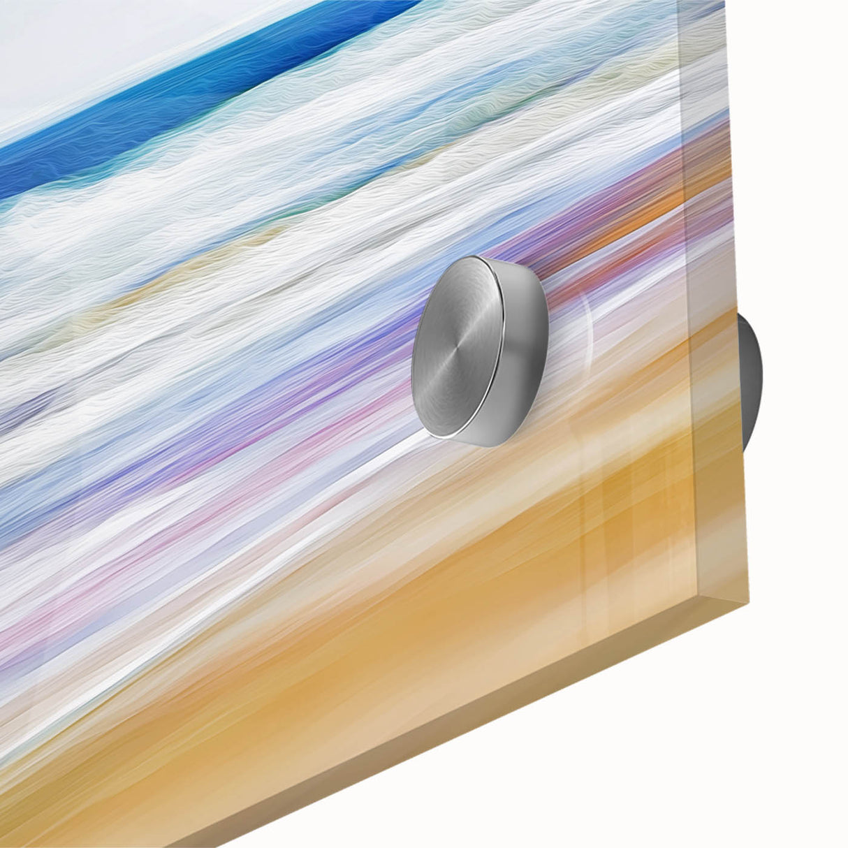 Close-up of a vibrant acrylic landscape artwork depicting serene beaches with gentle waves, showcasing rich colors and intricate details, perfect for coastal decor.
