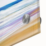 Close-up of a vibrant acrylic landscape artwork depicting serene beaches with gentle waves, showcasing rich colors and intricate details, perfect for coastal decor.
