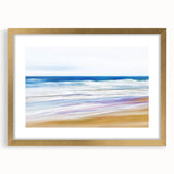 Elegant gold-framed landscape artwork depicting serene beaches, featuring a white mat for a polished look, perfect for enhancing home decor with a coastal vibe.
