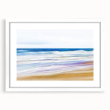 Framed landscape artwork of serene beaches with a white mat, showcasing vibrant blues and sandy tones, ideal for coastal-themed decor. Perfect for enhancing living spaces.