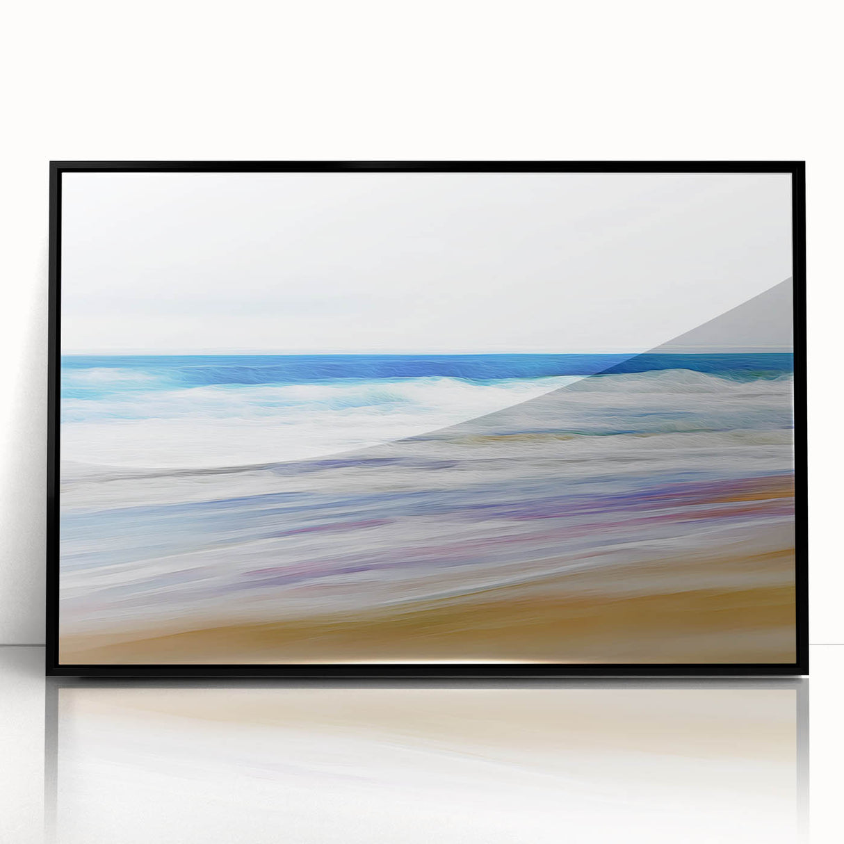 Framed acrylic artwork showcasing a serene beach landscape with vibrant colors, set in a sleek black frame, perfect for enhancing modern home decor.