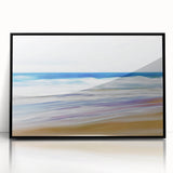 Framed acrylic artwork showcasing a serene beach landscape with vibrant colors, set in a sleek black frame, perfect for enhancing modern home decor.
