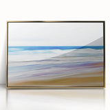 Framed acrylic artwork depicting a serene beach landscape with golden accents, ideal for home decor and coastal-themed interiors, enhancing any living space.