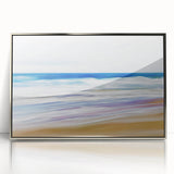 Framed acrylic artwork depicting a serene beach landscape with vibrant colors, ideal for home decor. Silver frame adds elegance to coastal themes.