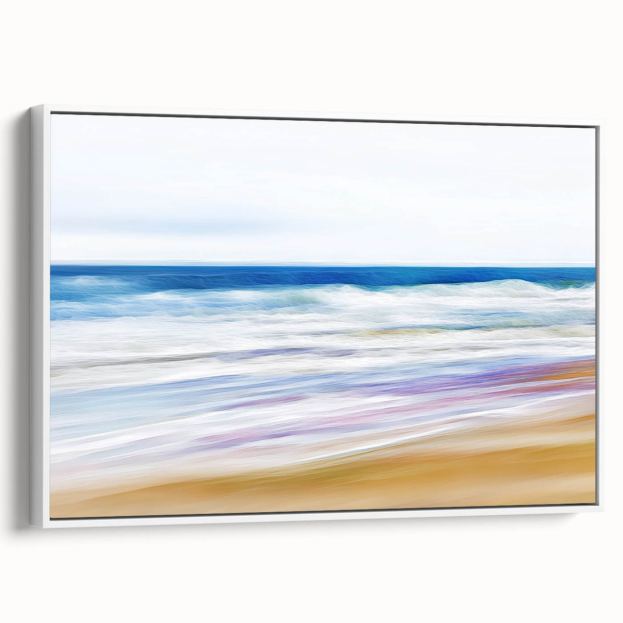 Framed canvas artwork depicting a serene beach landscape with soft waves and a pastel sky, showcased in a sleek white frame, enhancing coastal home decor.