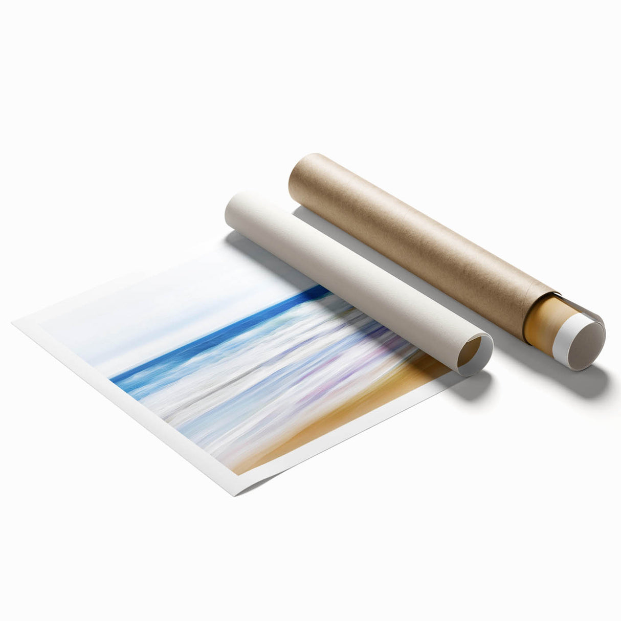 Vibrant landscape print showcasing serene beaches with golden sands and turquoise waters, rolled and ready for framing, ideal for coastal home decor.