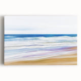 Vibrant stretched canvas artwork depicting a serene beach landscape with golden sands, gentle waves, and a clear blue sky, ideal for coastal home decor.