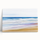 Stretched canvas artwork depicting a serene beach landscape with vibrant colors and gentle waves, perfect for coastal-themed home decor, creating a calming ambiance.
