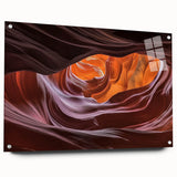 Landscape acrylic glass artwork depicting vibrant canyons, showcased from a side view with clear pins for easy mounting, ideal for modern home decor.
