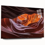 Acrylic glass landscape art piece showcasing vibrant canyons in warm earth tones, displayed in a side view without pins, ideal for modern home decor.