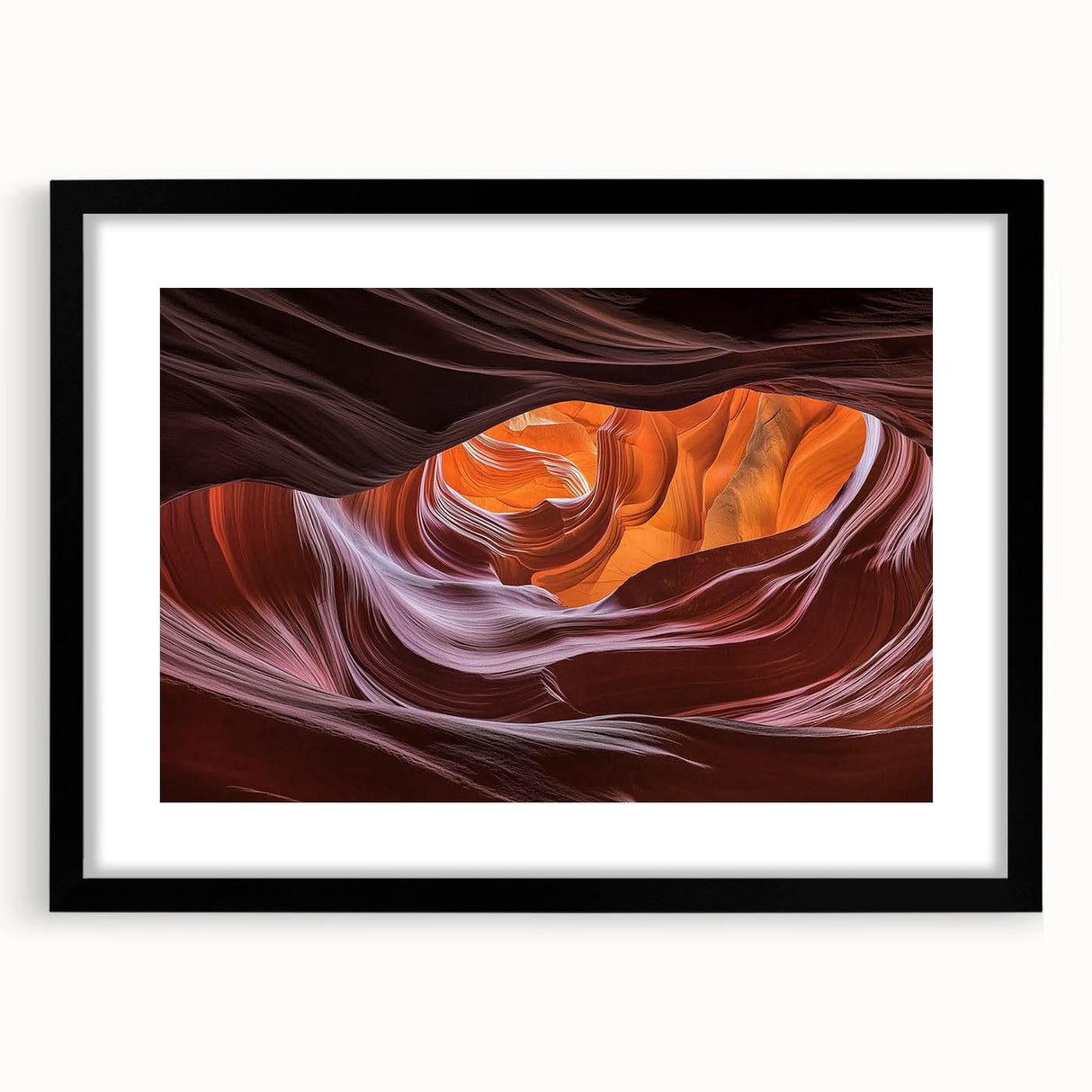 Black-framed landscape print showcasing a stunning canyon view, featuring rich earth tones and dramatic rock formations, designed to enhance any home décor.