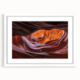 Landscape artwork showcasing vibrant canyons in rich hues, framed with a white mat for an elegant presentation, ideal for enhancing home decor aesthetics.