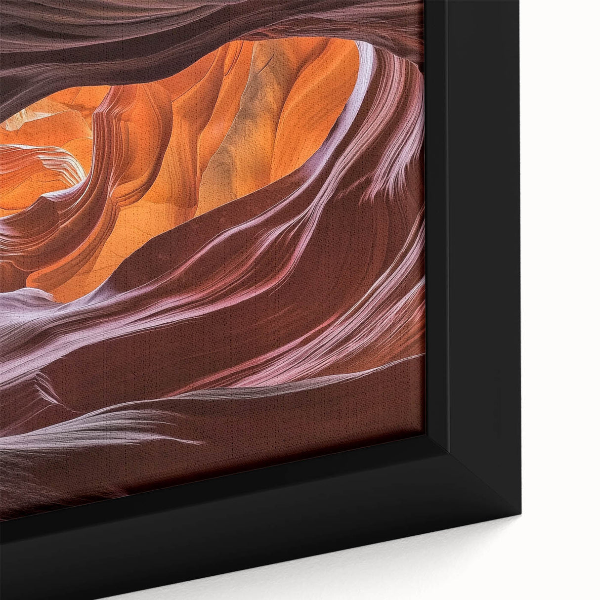 Close-up of a framed landscape canvas art print showcasing vibrant canyons in rich earth tones, highlighting intricate textures and natural beauty. Ideal for home decor.