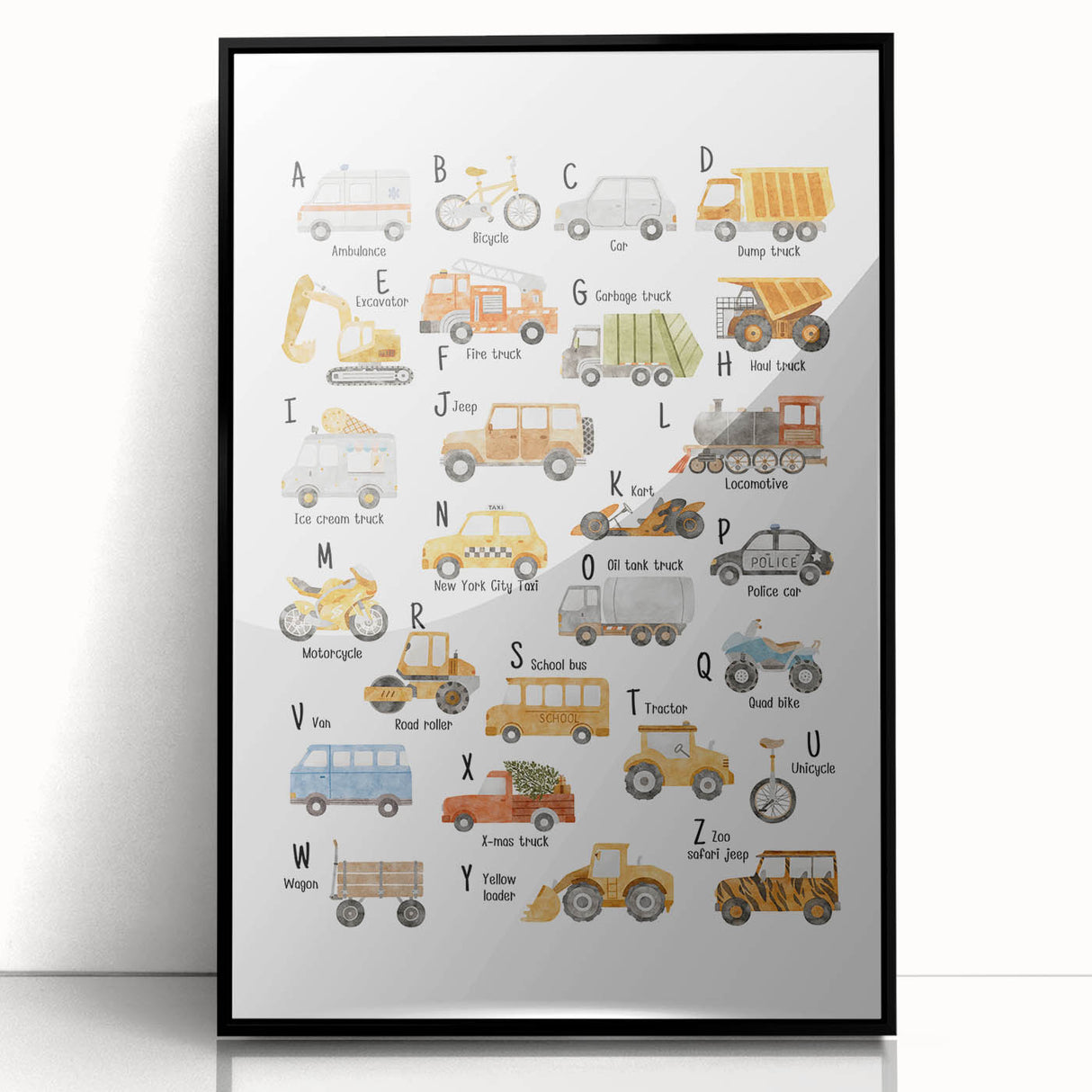 A-Z Vehicles Kids Educational Wall Art - Learning Poster for Classrooms