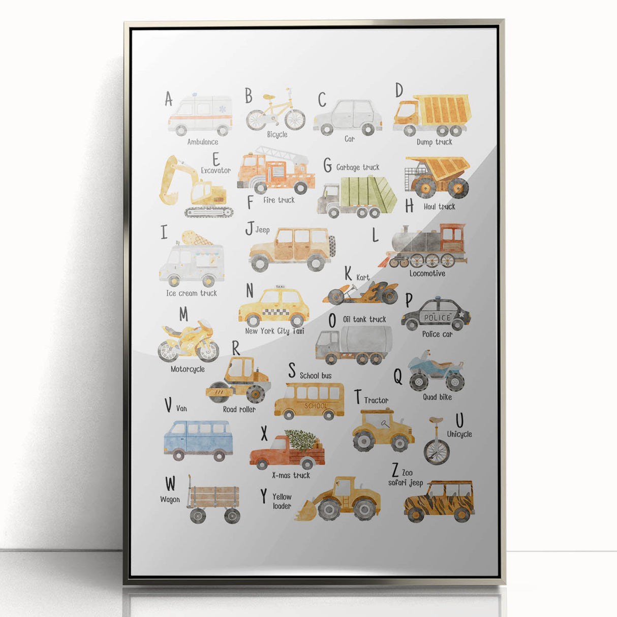 A-Z Vehicles Kids Educational Wall Art - Learning Poster for Classrooms