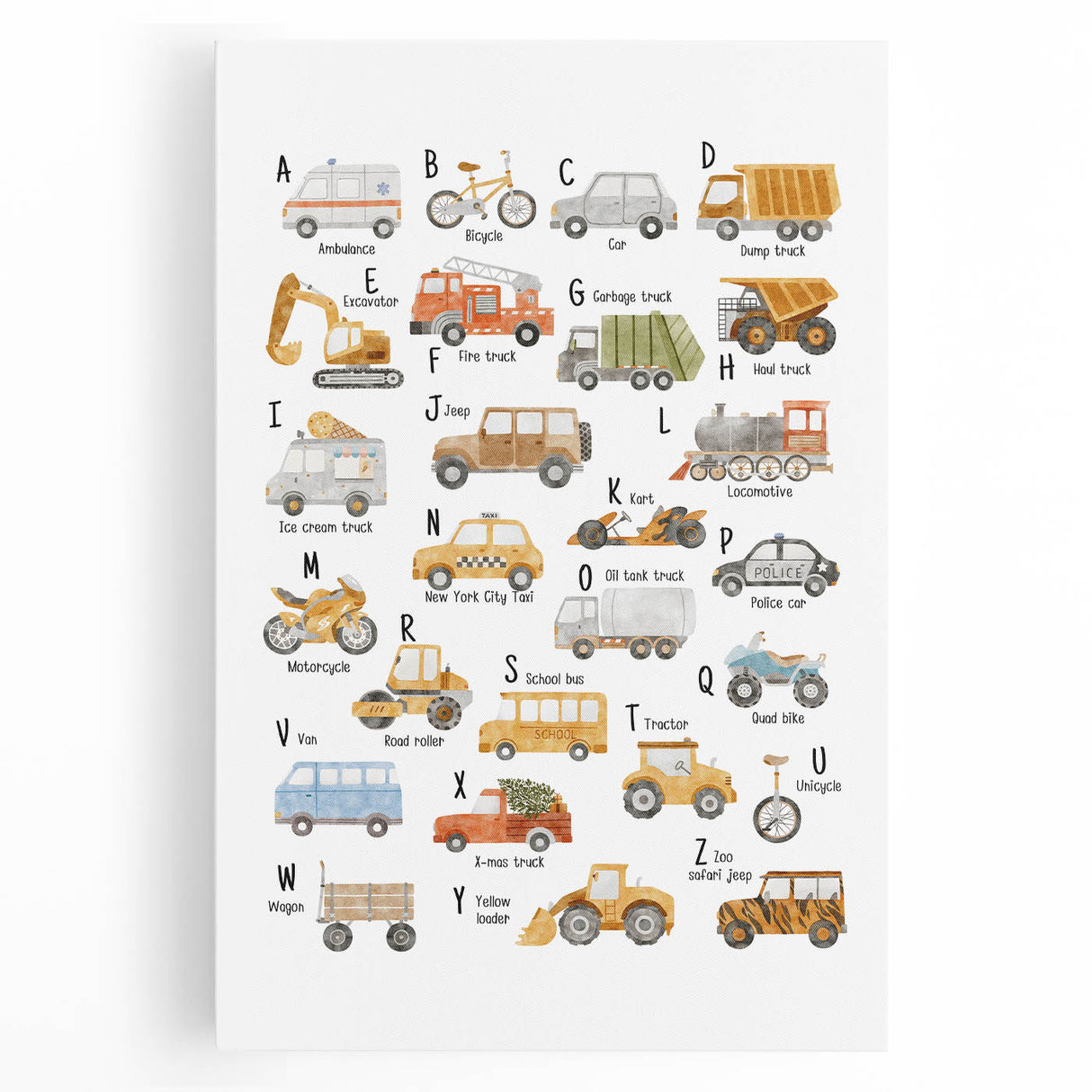 A-Z Vehicles Kids Educational Wall Art - Learning Poster for Classrooms