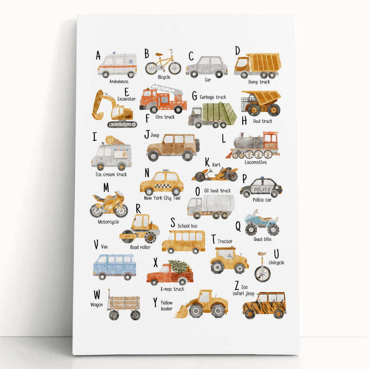 A-Z Vehicles Kids Educational Wall Art - Learning Poster for Classrooms