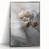 Mid-century modernist art featuring an abstract fall landscape in warm orange and brown tones, framed in silver acrylic.