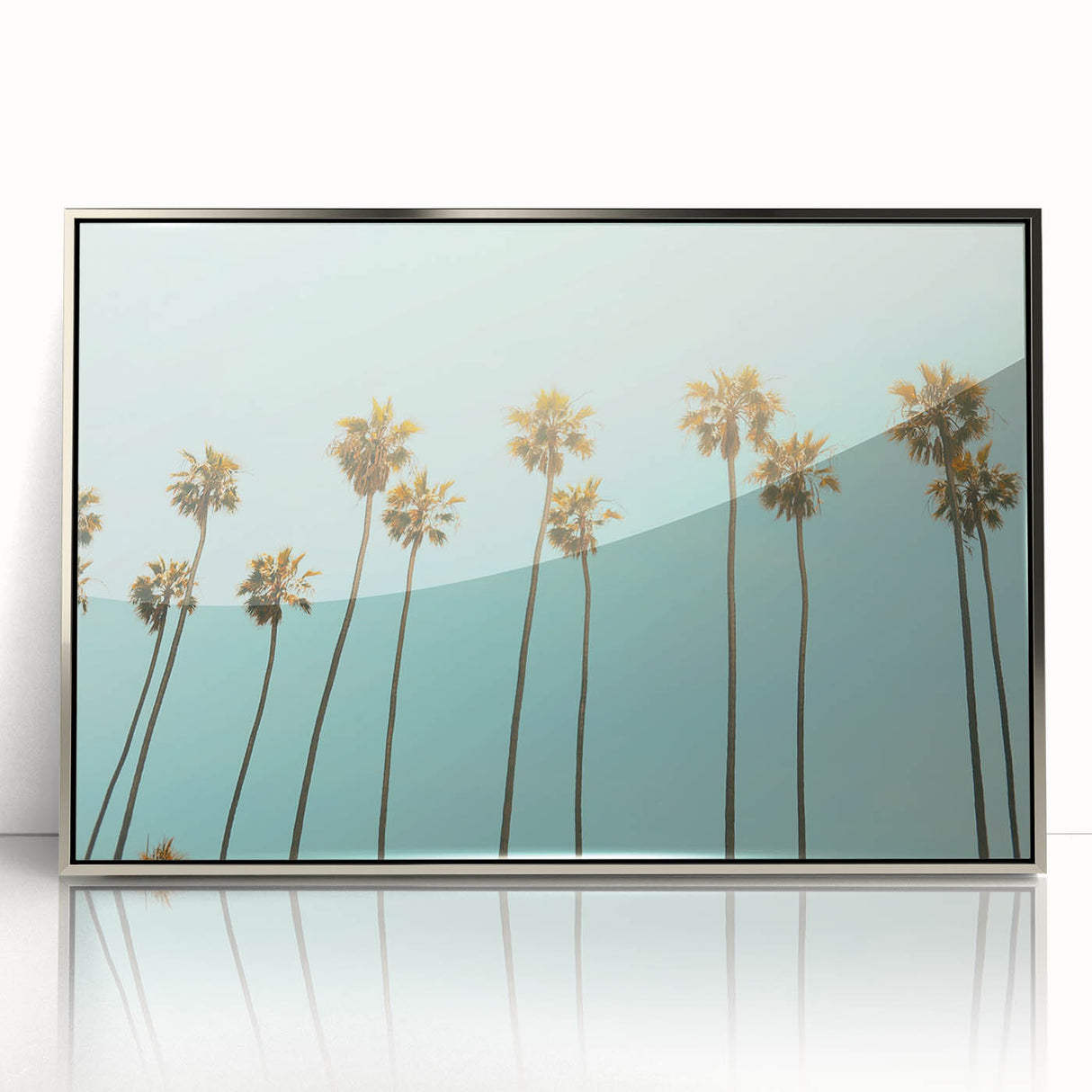 Mid-century modernist art depicting a summer scene in acrylic, with vibrant colors and silver frame.