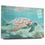 Large abstract wall art in vibrant orange and blue hues on acrylic glass, ideal for bedroom or dining room decor.