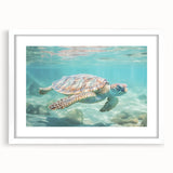 Abstract art print featuring swirling blue and white patterns, framed in white, suitable for bedroom or dining room decor.