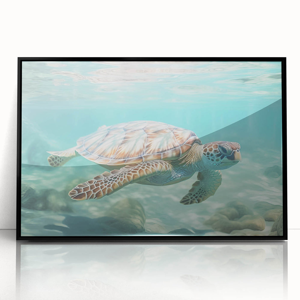 Large abstract wall art featuring swirling blue and white patterns, printed on a black framed acrylic.