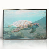 Mid-century modernist art featuring geometric shapes in pastel shades on a silver-framed acrylic print.