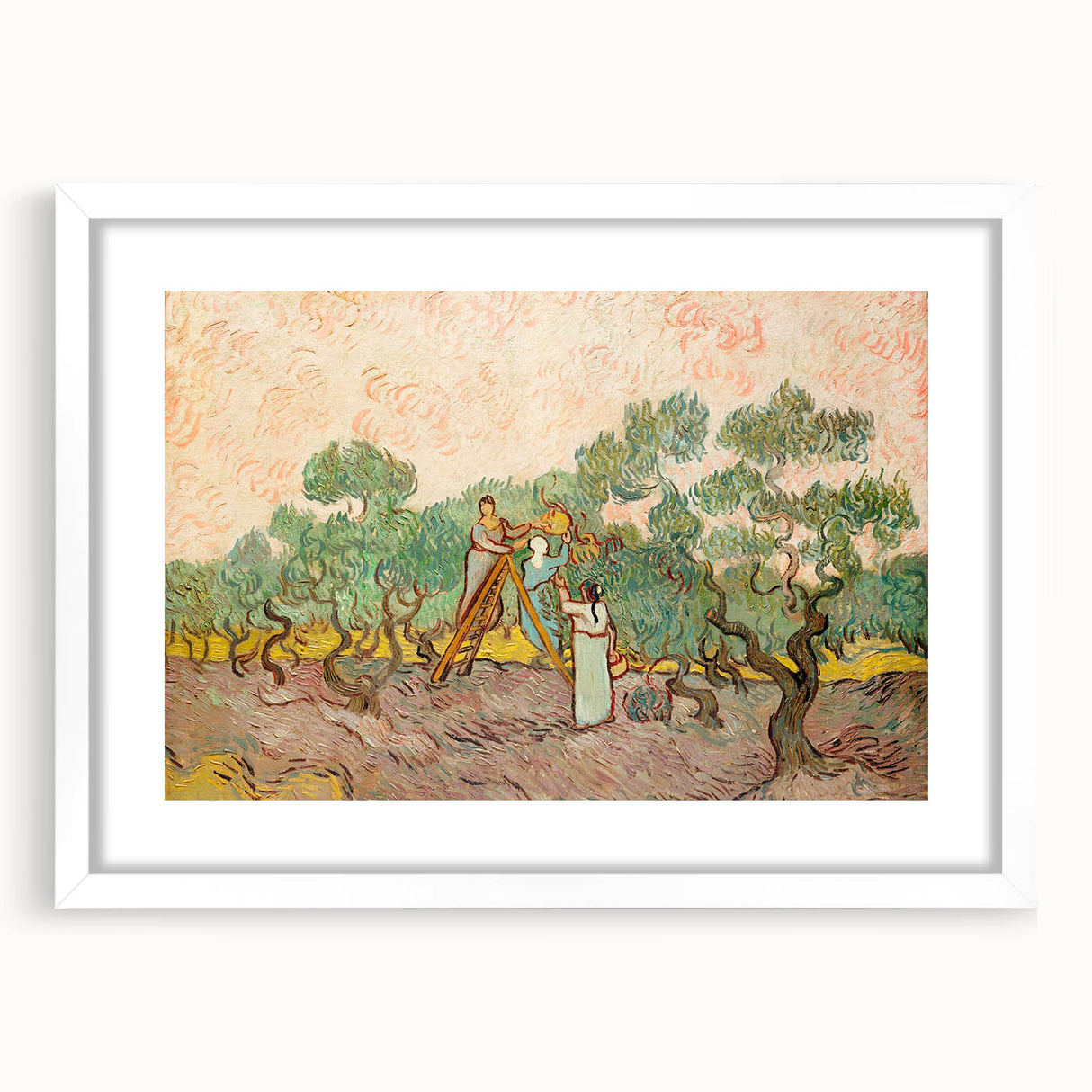 Abstract art print on canvas, featuring swirling shades of blue and yellow, framed in white.