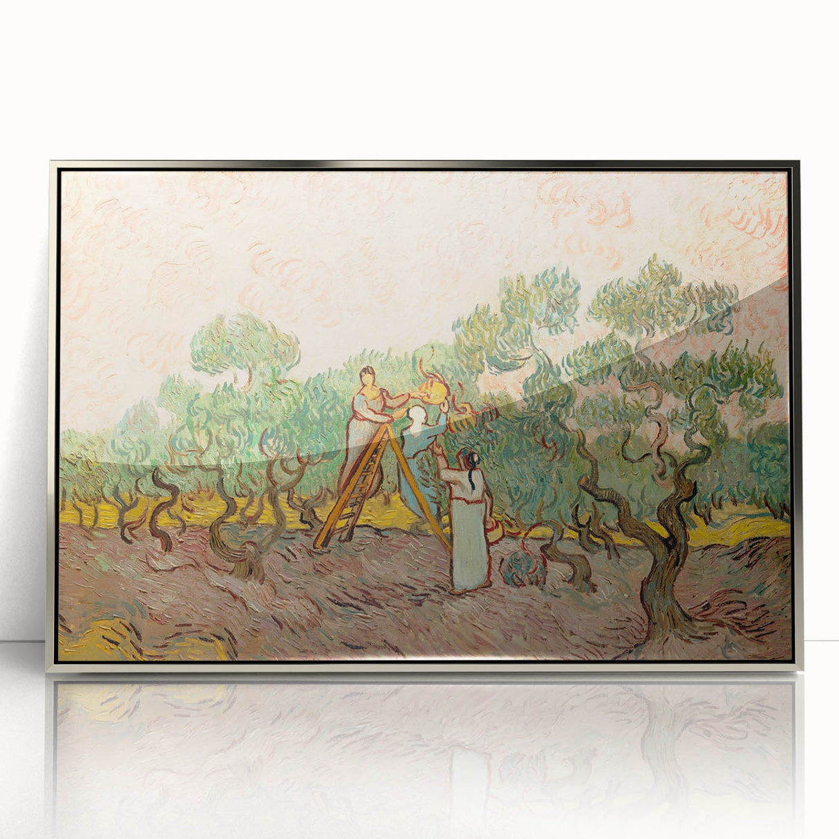 Mid-century modernist art depicting a Van Gogh-inspired scene in vibrant colors on a silver framed acrylic print.