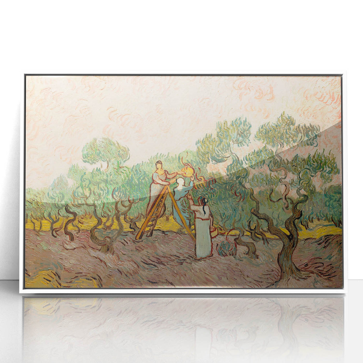 Acrylic print of a Van Gogh-inspired painting in pastel shades, framed in white.