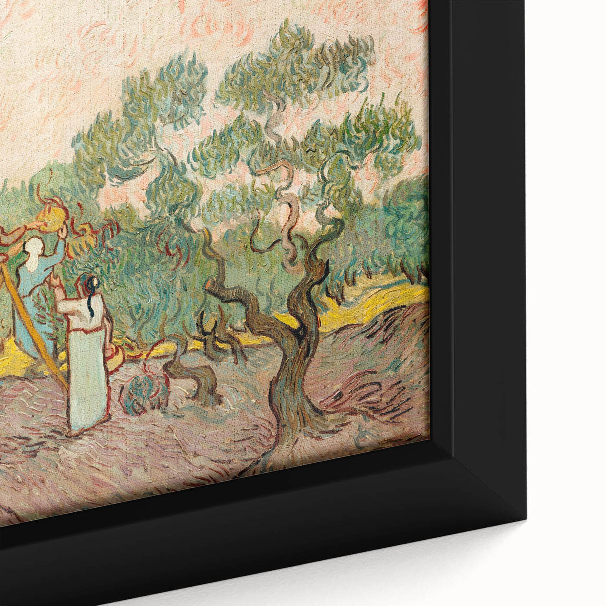 Close-up of a textured, extra large framed canvas depicting a colorful, abstract interpretation of Van Gogh's style.