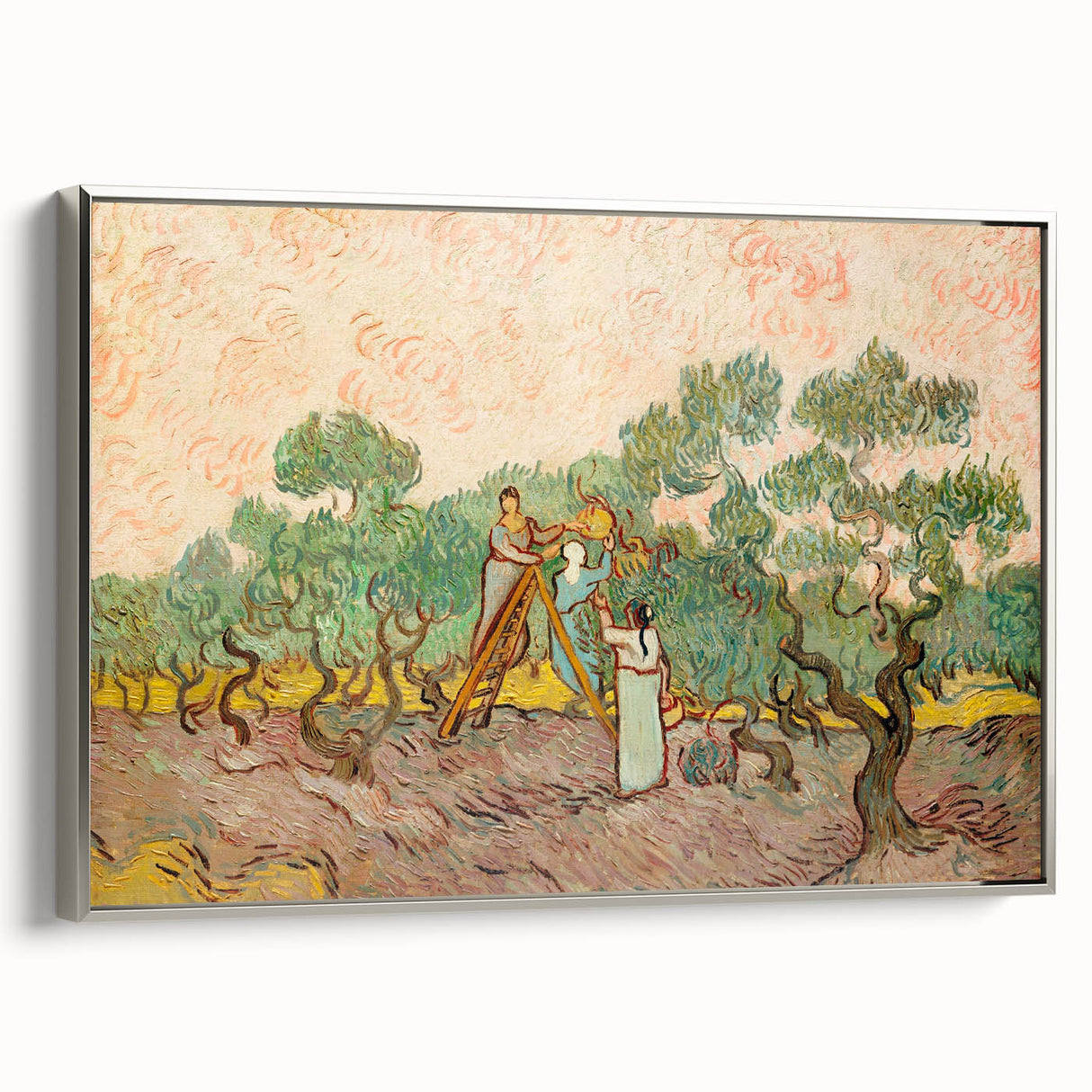 Landscape art painting on framed canvas depicting a colorful, vintage-style scene.