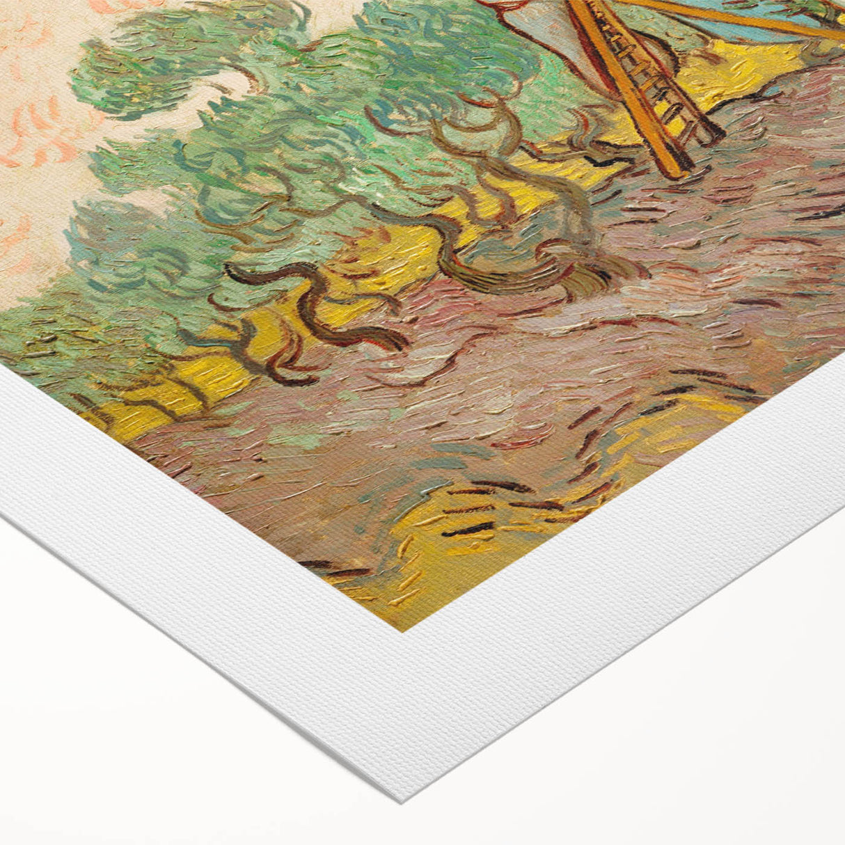 Art deco poster featuring a geometric pattern in muted gold and teal on rolled canvas, suitable for dining room decor.