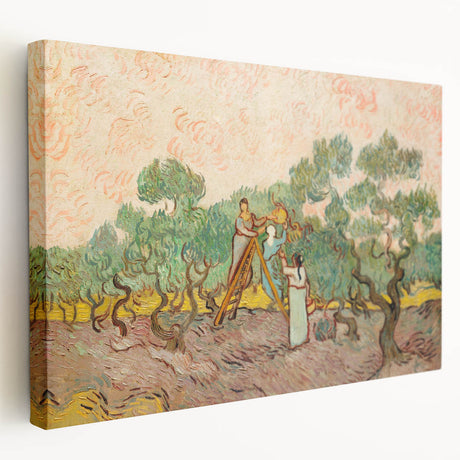 Side view of a stretched canvas depicting Van Gogh's Starry Night, with swirling blue and yellow tones.