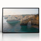 Framed acrylic wall art depicting a serene landscape with cliffs and vibrant colors, featuring a sleek black frame, perfect for modern home decor.
